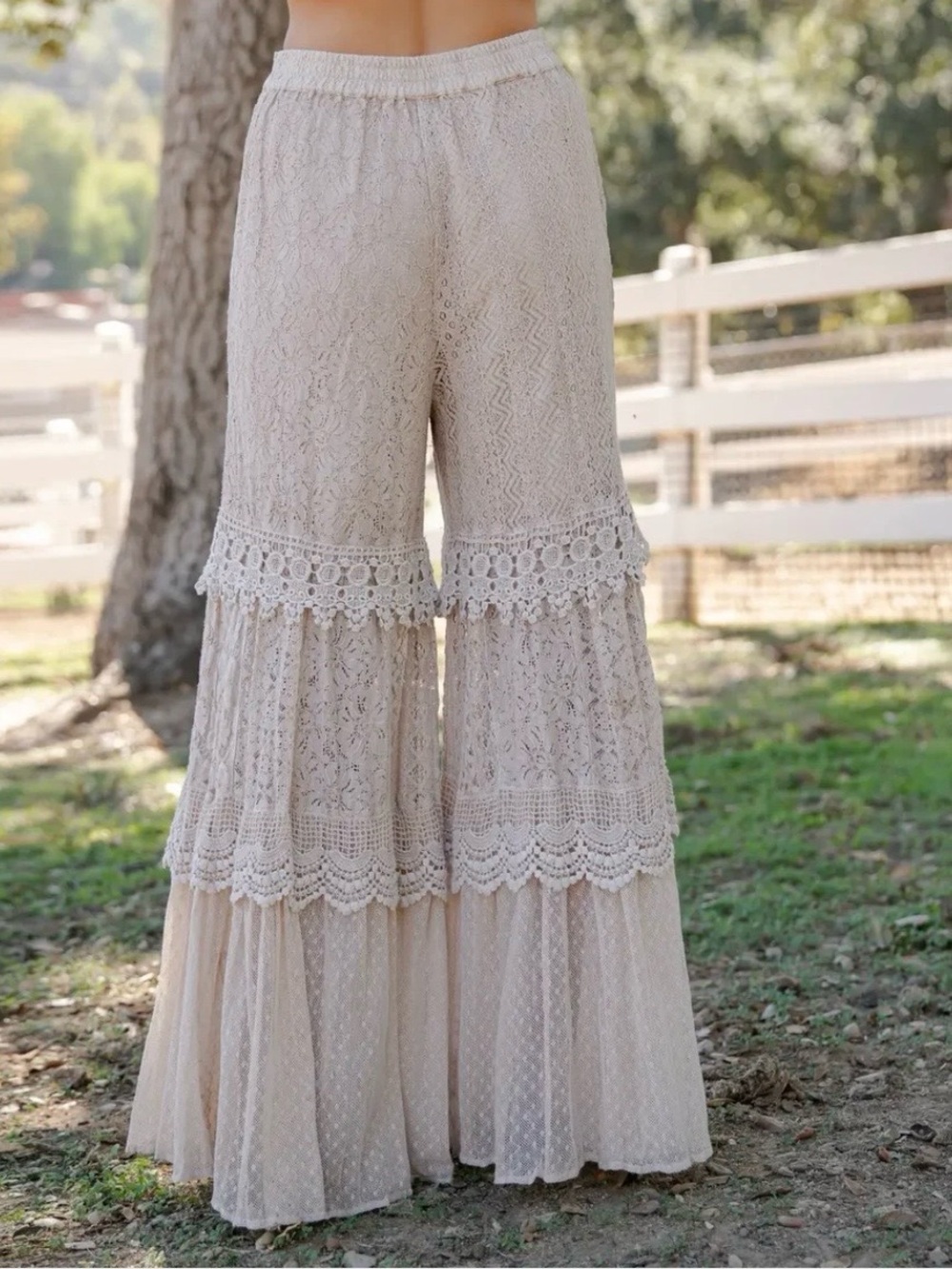 NWT: Young Threads “Desert Dream Cloud” Bohemian Lace Tiered Wide Leg Pants• S - Picture 3 of 7